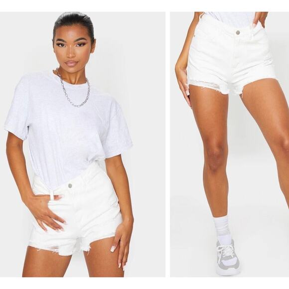 PRETTYLITTLETHING White Distressed Denim Mom Short Size 6 - Picture 1 of 11
